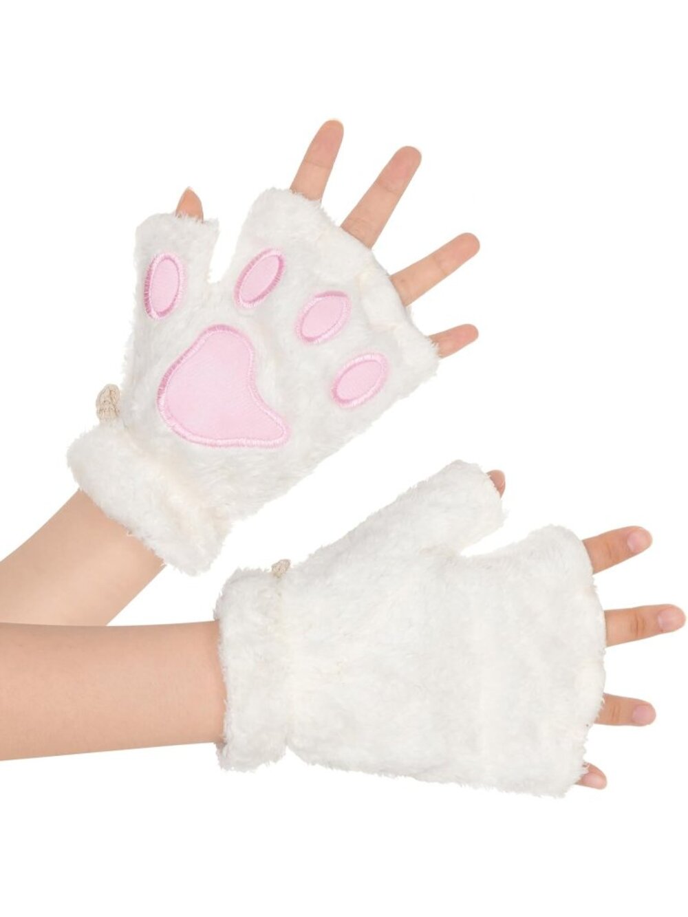 Women's White Fluffy winter mittens soft pink cat paw half-finger Gloves
